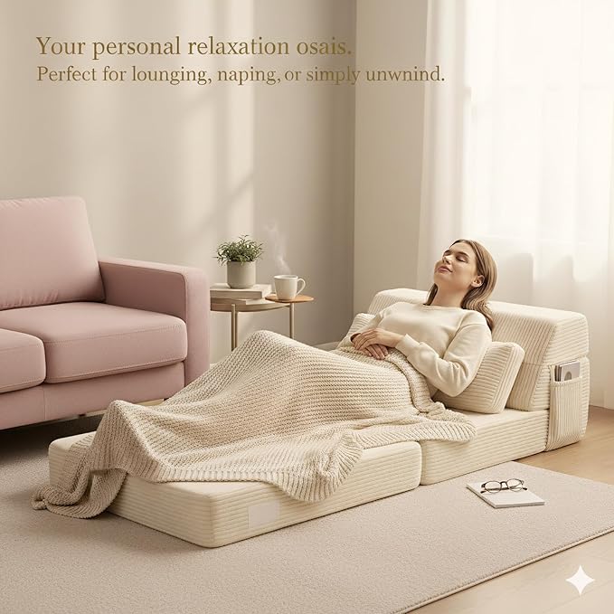 Folding Sofa Bed with Pillow Convertible Sleeper Chair Comfy Floor Futon Couch Mattress Lounge Sofa for Adults Portable Fold Out Chair Bed for Living Room Bedroom Single Beige