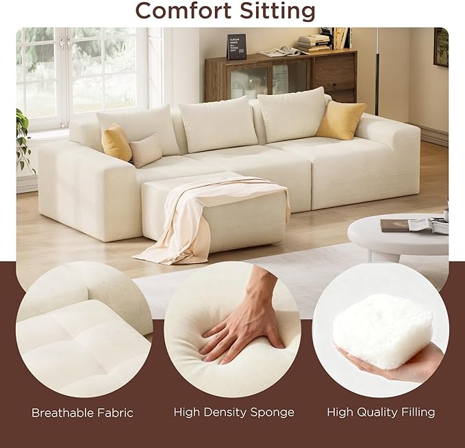 Maupvit 108 Modular Sectional Sofa Modern Cloud Couch L-Shaped Convertible Sleeper Sofa Bed with Movable Ottoman Deep Seat Boneless Comfy 3 Seater Couches for Living Room Beige | Breathable materi