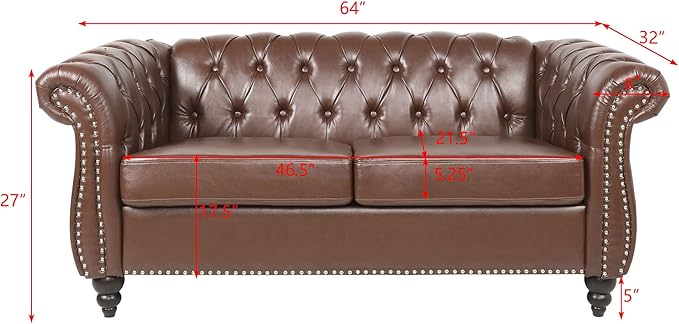 LEVNARY Leather Sofa Chesterfield Tufted Upholstered 2 Seater Couch Modern Loveseat Couch Classic Furniture for Living Room Bedroom (Dark Brown)