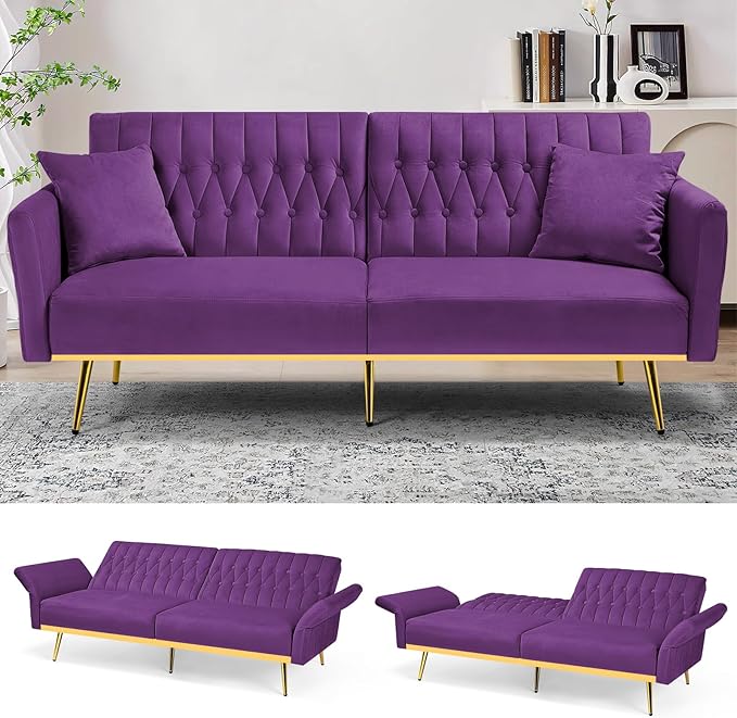 70 Velvet Futon with Adjustable Backrest and Armrests Sofa Bed with Extra Pillows for Waiting Room Living Room and Office Purple