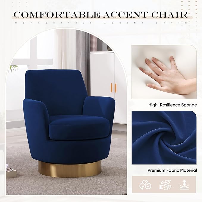 SLEERWAY 360° Swivel Barrel Chair Set of 2 28.3 Modern Velvet Round Accent Chair Comfy Upholstered Small Armchair with Gold Metal Base for Living Room Bedroom Nursery Office Sillas para Sala Navy