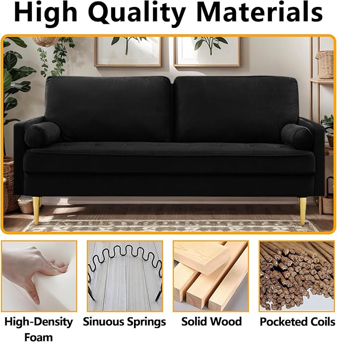 65 Loveseat Sofa with 2 Pillows Comfy Love Seat Cuches with Gold LegsVelvet Small Couchs for Living Room Bedroom Office ApartmentMid Century Modern Couch (Black)
