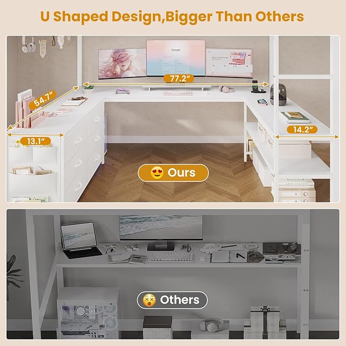 ADORNEVE Loft Bed Full Size with U-Shaped Desk 6 Storage Drawers Power Outlet LED Metal Loft Bed with 2 Storage Shelves Bed with Safety Guardrail &amp LaddersSpace-SavingWhite