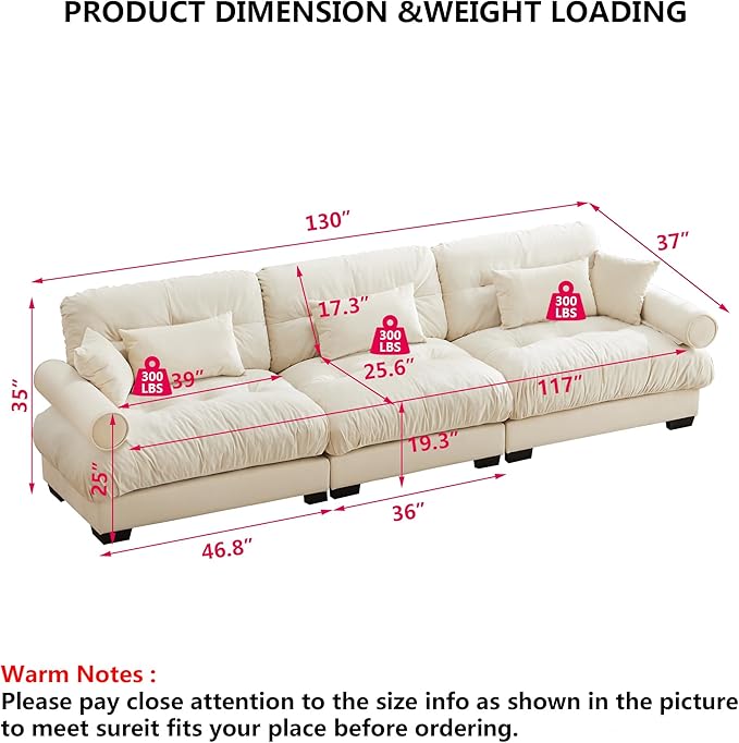 Aoowow Oversized 3 Seater Cloud Sofa Couch for Living Room130 Velvet Large 3 Seat Cloud Sofas with Deep SeatModern Fluffy Modular Sectional Sleeper CouchesTufted (Velvet Beige 3 Seater)