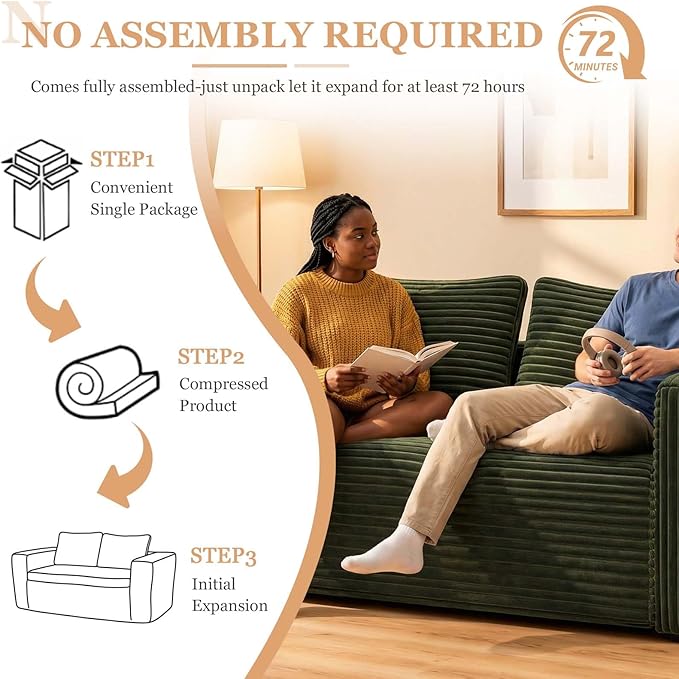 63 Green Boneless Couches for Living Room Compressed Sofa Couch in a Box Corduroy Memory Foam Floor Couch for Adults Memory Foam Deep Seat No Assembly Required (Green)