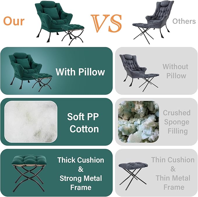 Lazy Chair with Ottoman Comfy Reading Chair with Footstool &amp Pillow Modern Lounge Chairs with Armrests &amp Side Pocket for Living Room Bedroom Dorm RoomDark Green