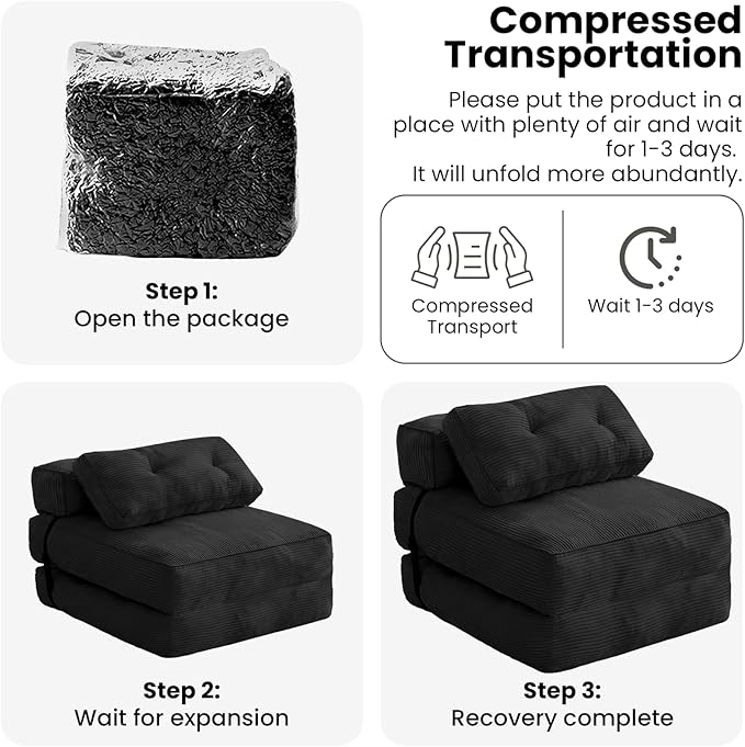 tantohom Folding Sofa Bed Convertible Sleeper Chair with Pillow Foldable Mattress with Back SupportSpace-Saving Sofa for Living RoomBedroom (Black)