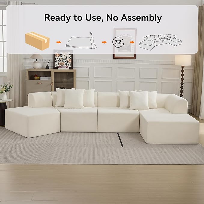 140''Oversized Cloud Velvet Curved Sectional Couch Boneless Couch with L-Shape Chaise Upholstered Compression Memory Foam Modular Sectional Sofa for Living Room No Assembly Required Beige