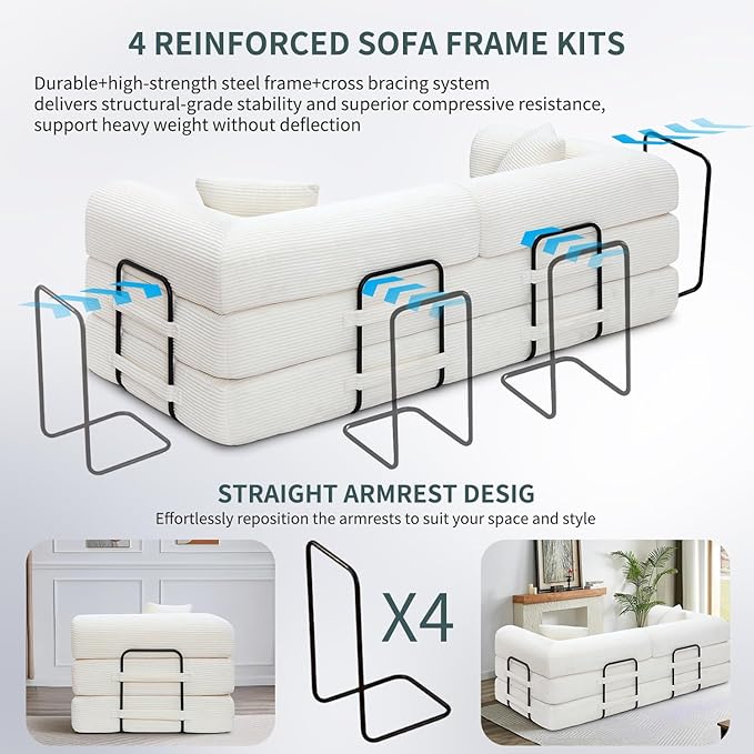 Convertible Sleeper Sofa Bed 1600lbs Weight Capacity Floor Sofa Bed with Fixed-Shape Frame Corduroy Foldable Couch for Small Space Lounge Mattress for Living Room Apartment Game Room (White)