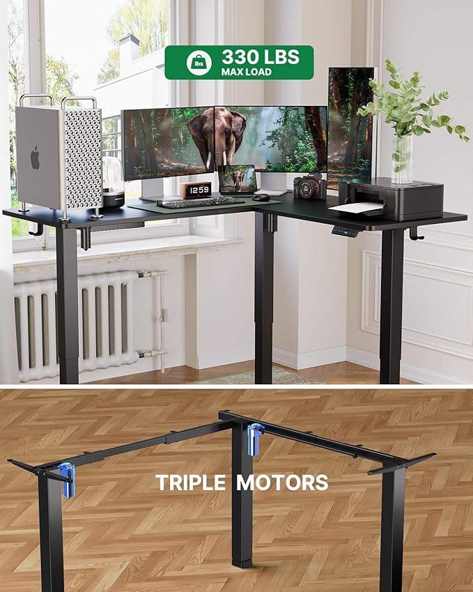 Marsail Standing Desk Adjustable Height with 4-in 1 Electical Outlet L Shaped Electric Standing Desk with Headphone Hook Stand up Desk for Home Office Sturdy Writing Workstation Black