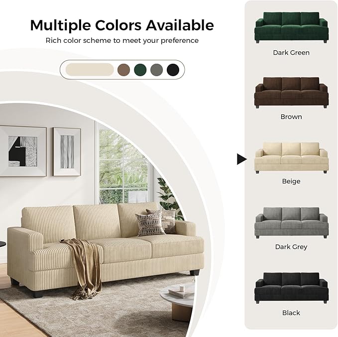 89 Inch Sofa with Extra Deep Seats Oversize 3 Seater Sofa for Living Room Modern Couch and Sofa Comfy Armrests and Seats and Backrests Easy InstallationWide Corduroy Fabric Beige