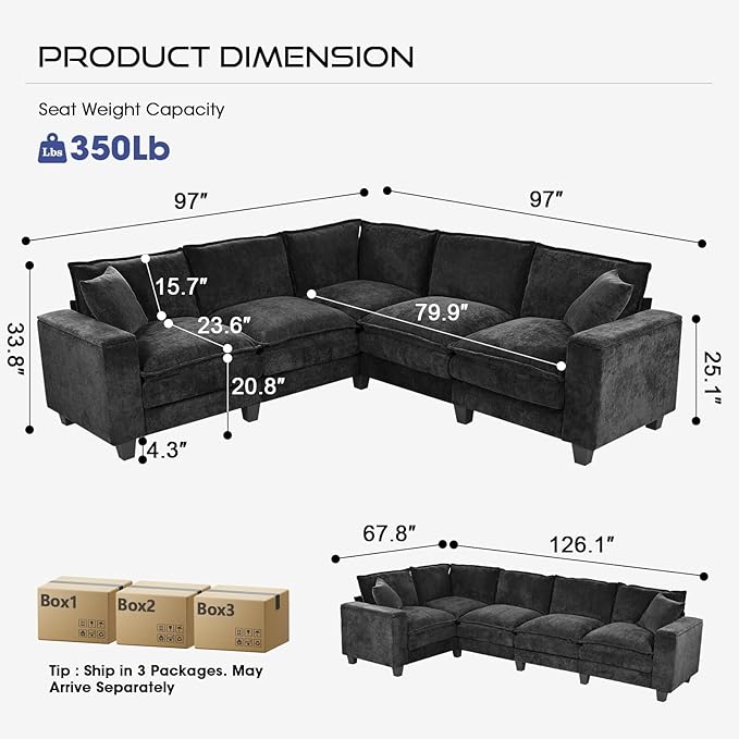 97 5 Seater L Shaped Couch Corner Sofa Oversized Cloud Couch with 2 Pillows Chenille Modular Sectional Sofa Armrests with Two Hidden Storage Space Sectional Couches for Living Room Black