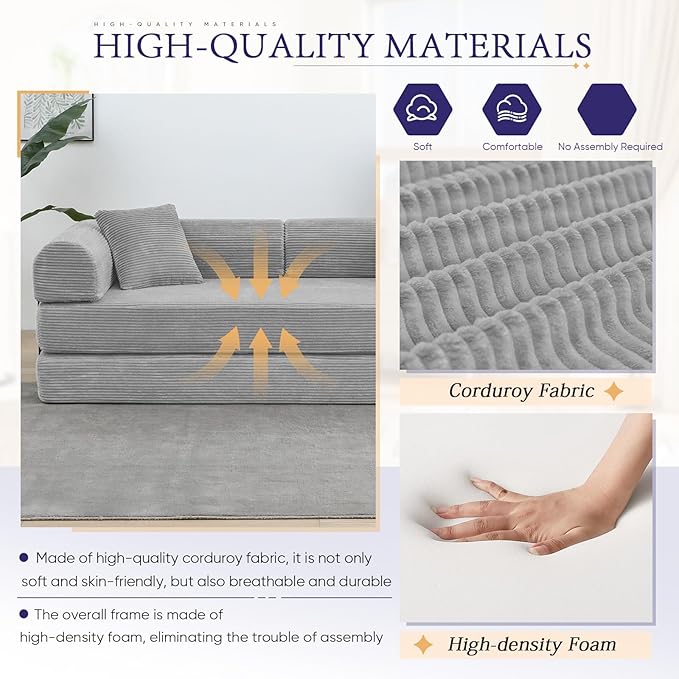 Convertible Folding Sofa Bed Corduroy Sleeper Mattress Couch with Fixed-Shape Frame Free Combination Loveseat Lounge Floor Sofa Queen Size Memory Foam Couch for Living Room Bedroom Light Grey