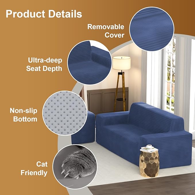 Vivvadecor 79 3-Seater Corduroy Sofa Sofa-in-a-Box Modern Floor Foam Couch with 24 Deep Seat No Assembly Needed Sofas for Compact Living Room Apartment Home Office Deep Blue