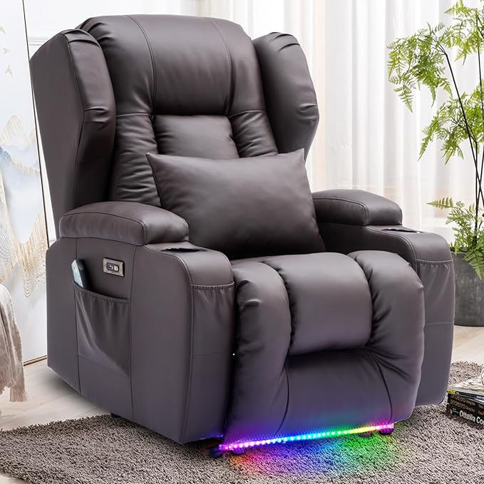 SAMERY Power Recliner Chair Electric Wall Hugger Recliners with Massage &amp Heat Comfy Reclining Sleeper Chair Movie Sofa Home Theater Seat with Cup Holders/USB Port/LED Light/Lumbar Pillow/Remote