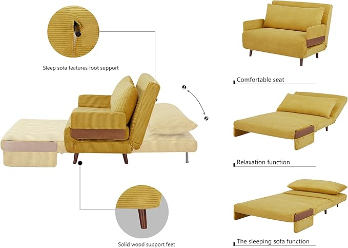 3-in-1 Convertible Sofa Bed Futon Loveseat Couch with Pillow Adjustable Backrest &amp Removable Armrests Recliner Sleeper Sofa for Small Spaces Living Room Bedroom or Office Mustard Yellow