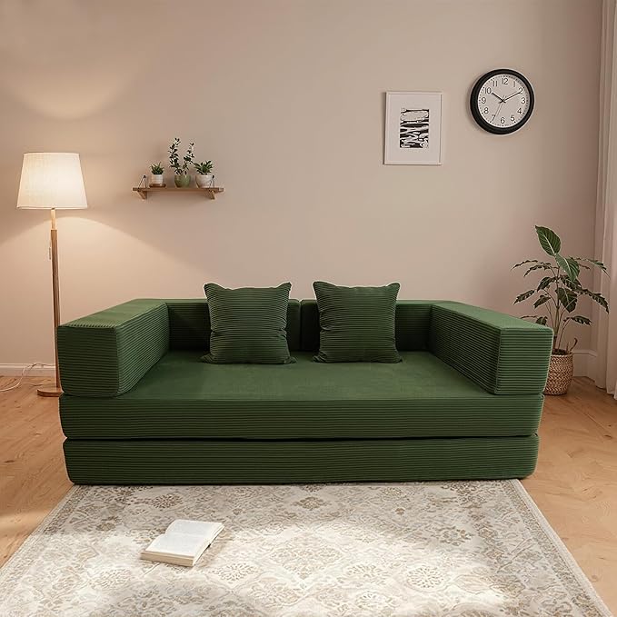 5‑in‑1 Futon Sofa Bed Queen– Floor Foldable Convertible Sofa Couch with L‑Shaped Armrests Removable Cover Green Convertible Guest Bed | Space‑Saving Fold‑Out Mattress Lounge for Living Room/Bedroom