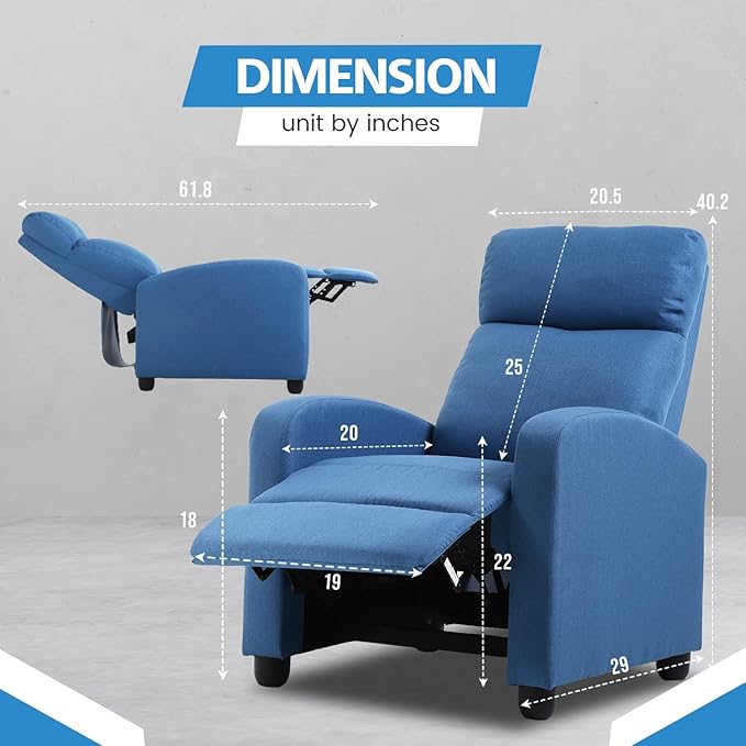 Recliner Chair for Adults Living Room Chairs Reading Chair with Fabric Padded Seat Backrest Modern Reclining Easy Lounge Bedroom Chair Recliner Chair for Bedroom (Blue)