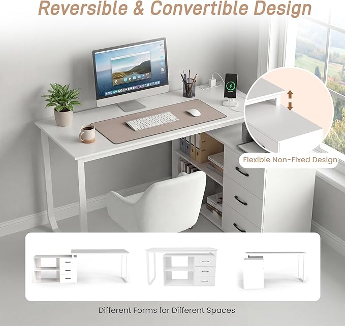 GOFLAME Reversible L Shaped Computer Desk with Charging Station 55” Home Office Desk with 3 Drawers 3-Level Adjustable Shelf Convertible Study Writing Desk for Small Space White