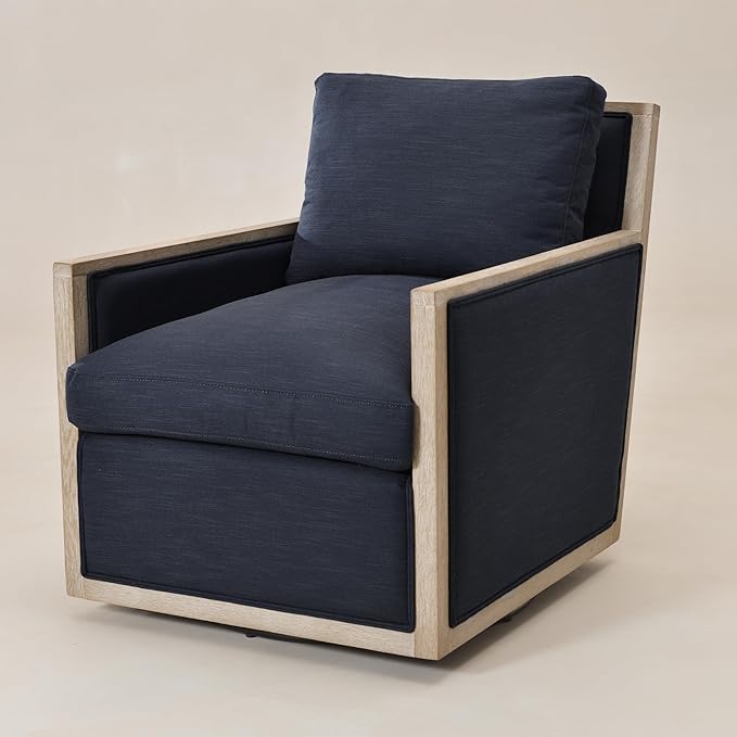 KINWELL 27 Wide Oak Wood Frame Performance Fabric Swivel Armchair No Assembly Down Fill Upholstered Swivel Barrel Chair with Removable Pillow Back for Living Room Bedroom (Indigo)
