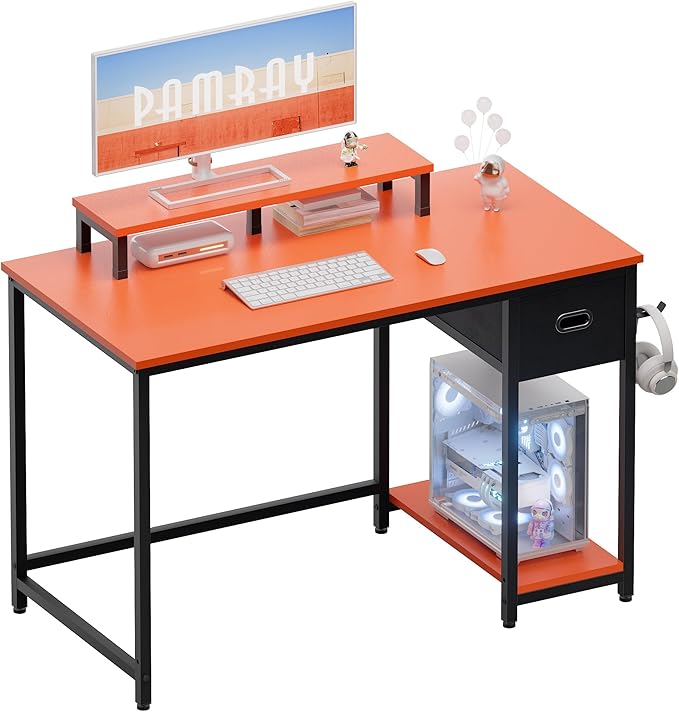 Pamray 39 Inch Computer Desk with Monitor Stand Small Home Office Desks with Non-Woven Storage Drawer for Bedroom Study Table Writing and Work Desk Orange