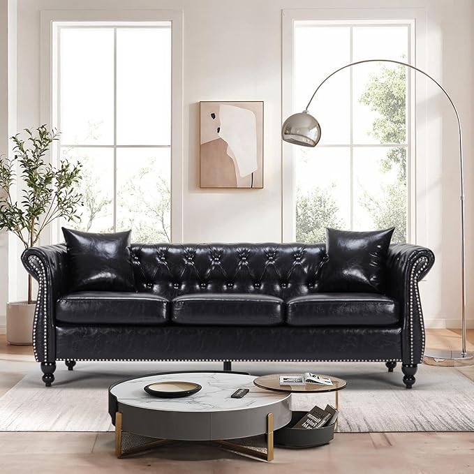 Leather Couche for Living Room 84 Inch Mid-Century Upholstered Modern Sofa CouchLeather Sofa Couch with Wooden Legs Chesterfield Sectional (Black)