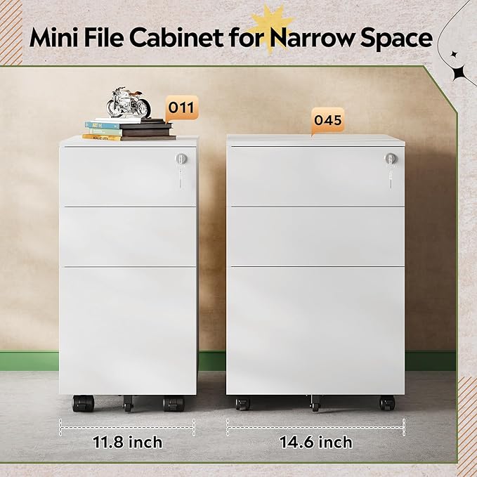 DEVAISE 3 Drawer Vertical File Cabinet with Lock Under Desk Mobile Metal Filing Cabinet for Home Office Fit Legal/Letter/A4 File Fully Assembled Except Wheels White