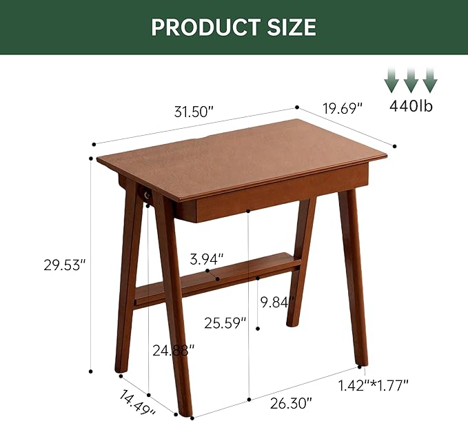 100% Solid Rubber Wood Desk Home Office Desk Mid Century Modern Writing Computer Desk with Drawer for Home Office 31