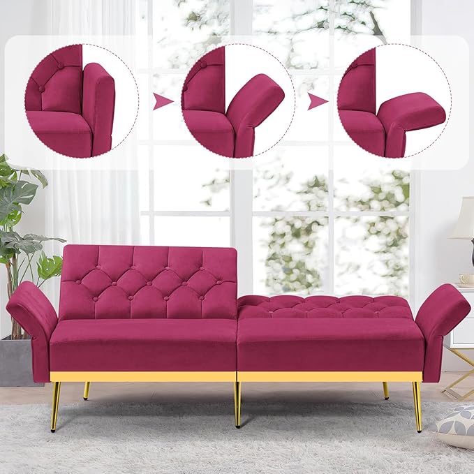 Velvet Sofa Bed w/Adjustable Armrests and Backrests Modern Convertible Sleeper Sofa Tufted Futon Sofa for Bedroom Living Room Apartment Fuchsia