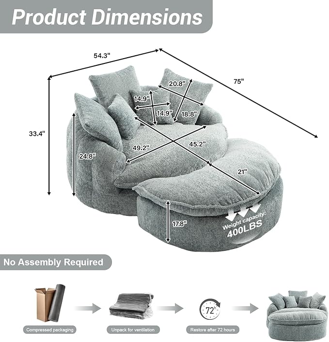 54 Round Chaise Lounge with Ottoman Big Bean Bag Round Sofa Bed Oversized Round Couch Boneless Reading Chair Comfy Plush Chenille Large Chaise Chair for Living Room Apartment Blue Gray
