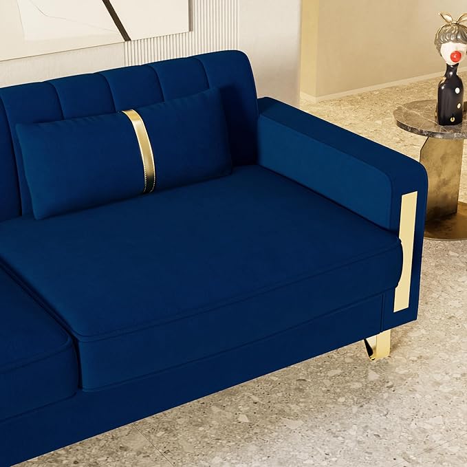 85.63 Modern Blue Velvet Sofa with Gold Metal Legs Large Upholstered Mid Century Modern Comfy 3 Seater Dark Blue Couches for Living Room (Blue)