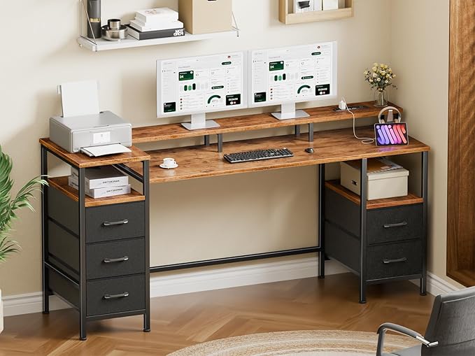 61 Inch Gaming Desk with Power Outlets and LED Lights Reversible Computer Desk with 5 Fabric Storage Drawers Home Office Desk with Monitor Stand for Working Writing Study Rustic Brown