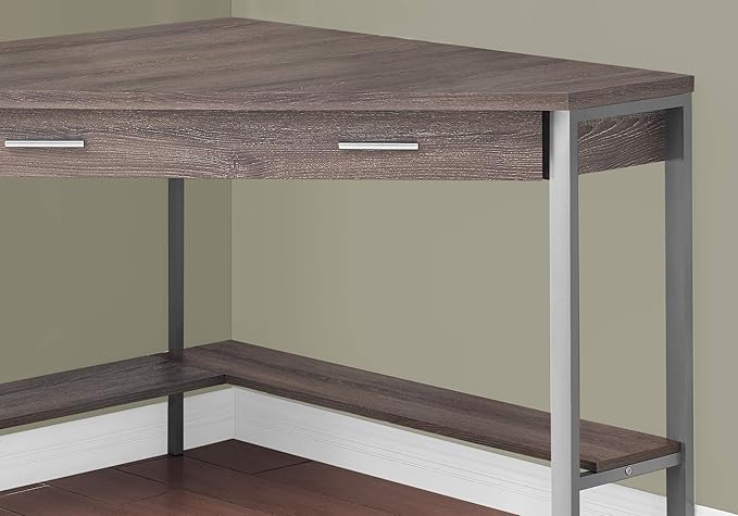 Pemberly Row Corner Computer Desk 42 L x 42 D x 30 H Taupe Wood Look Finish Silver Metal Frame Drawer and Bottom Shelf Space-Saving Design for Home Office or Workstation Use