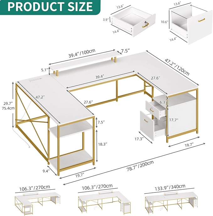 YITAHOME U Shaped Desk with Power Outlets &amp LED Lights 79 Reversible L Shaped Desk with Drawers Corner Computer Desk Office Desk with Monitor Stand &amp Storage Shelves White &amp Gold