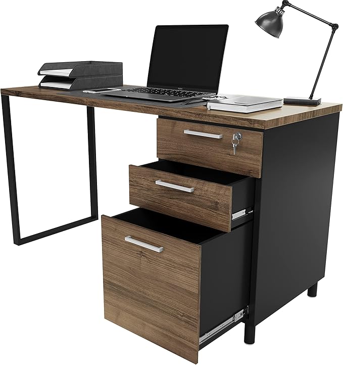 Modern Design Milano Office Computer Desk with 3 Locking Drawers 48 Inch Walnut and Black Industrial Wood Desk with Filing Drawer and Storage by Crafts and Comfort