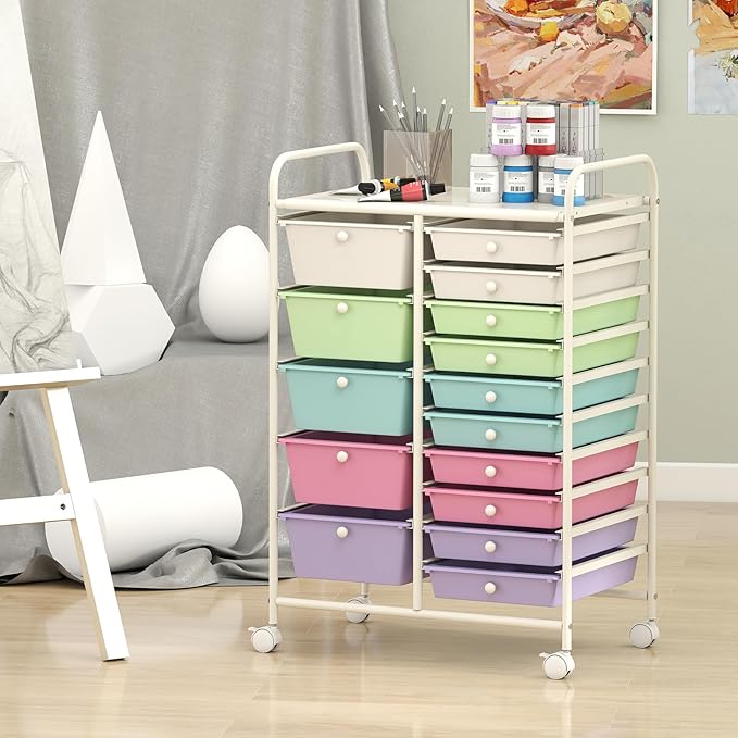 Giantex 15 Drawer Rolling Cart with Drawers Storage Organizer Cart for Classroom Office School Teacher Mobile Drawer Cart for Tools Crafts Small Printer Paper Pastel Ice Cream