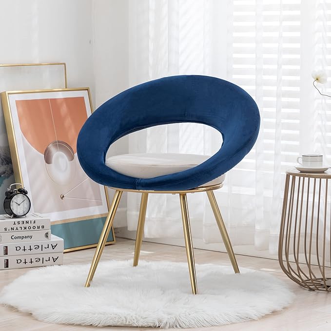 Navy Blue+Off-White Velvet Modern Accent/Conversation Lounge Chair with Gold Plated Legs Unique AppearanceSuitable for Office Lounge Living Room