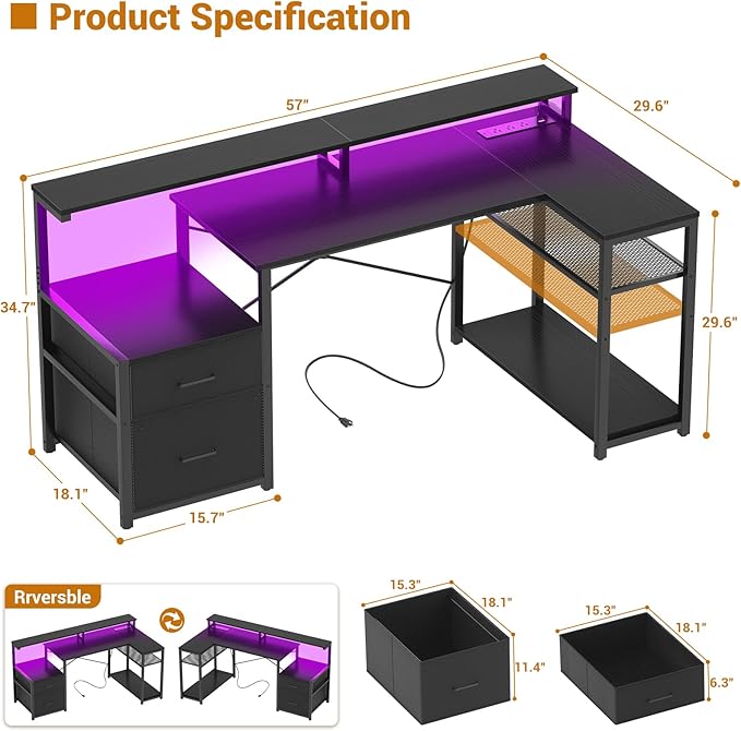 Aheaplus L Shaped Desk with File Drawer Reversible L Shaped Computer Desk Gaming Desk with Power Outlet &amp LED Strip Home Office Desk with Monitor Shelf Corner Desk with Storage Shelves Black