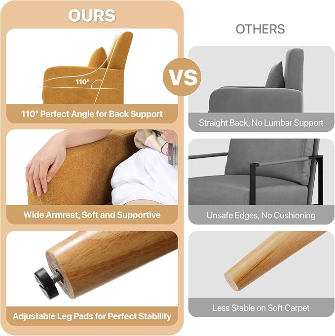 Magshion Mid-Century Accent Chair for Living Room Comfy Reading Chair for Bedroom Upholstered Linen Fabric Armchair Single Sofa with Back Pillow &amp Wood Legs 300 lbs Capacity Yellow