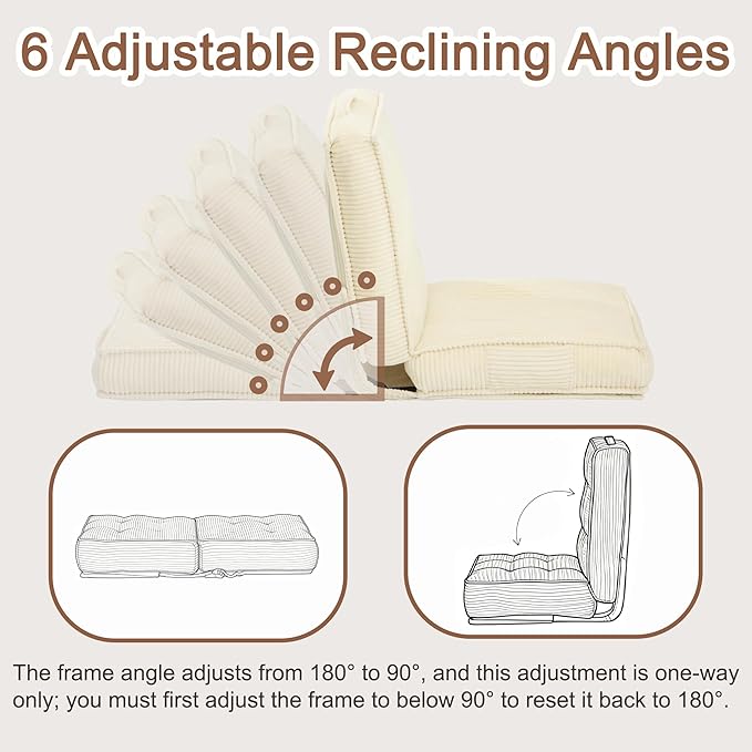 Adjustable Floor Chair with Back Support 6-Position Folding Meditation Chair Floor Sofa Chairs for Adults Comfy Accent Chairs for Reading Gaming Living Room Bedroom Beige