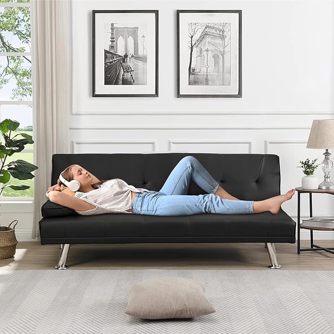 Convertible Folding Futon Sofa Bed with Metal Legs &amp 2 Cupholders Modern New Upholstered Couch Loveseat Sleeper Folding Couches Bed Removable Armrests for Small Spaces (Black)
