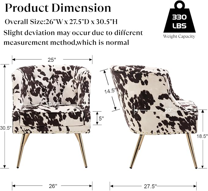 Modern Armchair Living Room Chair Small Tufted Linen Accent Chair for Bedroom with Upholstered Cushion Comfy Bedroom Chair with Golden Metal Legs Nailed Decorative (Cow)