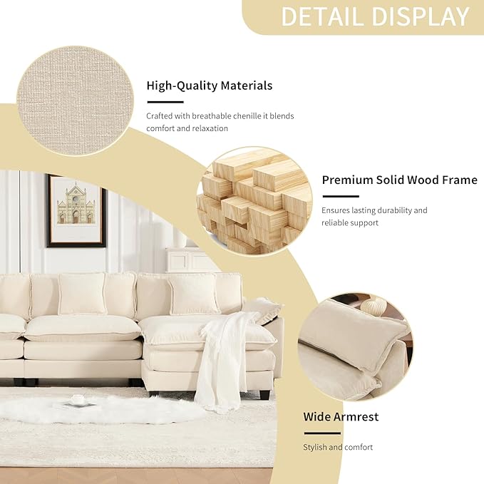81.9 Oversized Beige Loveseat Sofa 2 Seater Large Sectional Couches for Living Room Chenille Fabric Modular Sectional Sofa with 2 Ottoman Deep Seat Wide Armrest Home Sofas Set Love Seat Couches