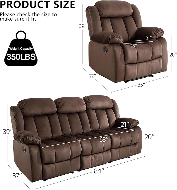EBELLO Manual Reclining Sofa Set Classic Recliner Sofa with Overstuffed Arms and Backrest Includes 2 Recliner Chair and 1 3-Seat Couch Brown