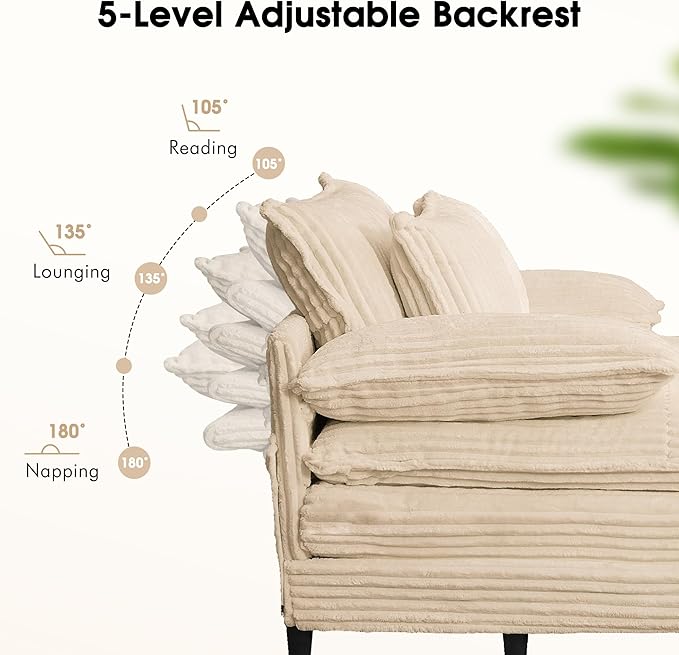 110 W Oversized Double Chaise Lounge Sofa Couch Corduroy Sleeper Sofa Bed with Adjustable Backrest Modern Upholstered Cloud Couch with Deep Seat &amp Pillows for Living Room Khaki