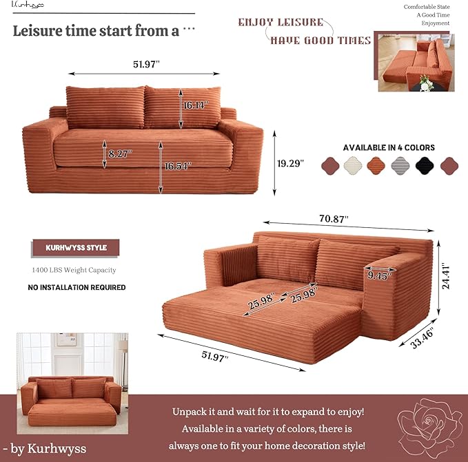 Folding Sofa Bed with Memory Foam Convertible Floor Sleeper Sofa 72 Pull Out Couch Bed with Steel Frame Modern Compressed Couch for Living Room Bedroom Apartment No Assembly (Corduroy Orange)