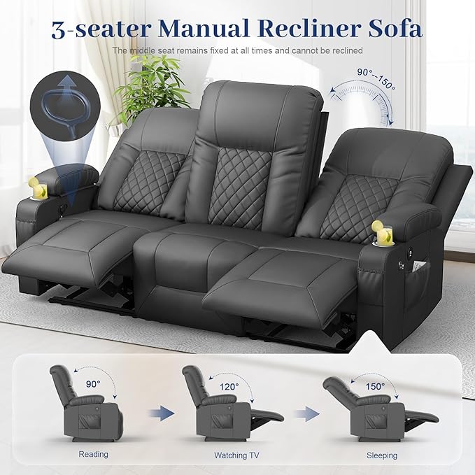YONISEE 3 Seat Recliner Sofa Large Reclining Sofa with Storage Drawer Manual Recliner Couch with USB Ports 2 Cell Phone Holder 3 Seater Loveseat Recliner Couch for Living Room | Cell Phone Holder