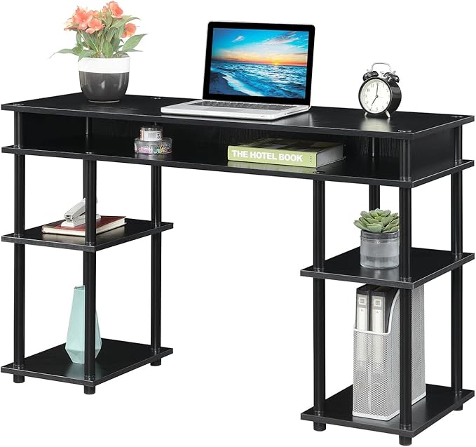Convenience Concepts Designs2Go No Tools Desk Home Office Desk with Shelves Corner Shelf Vanity Desk Computer Desk Nail Table for Nail Tech - 47.25 L x 15.75 W x 30 H Black/Black