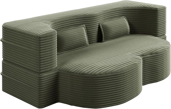 2 in 1 Folding Floor Couch Sofa Bed with 2 Pillows Convertible Sleeper Sofa Modern Full Mattress for Living Room Guestroom Plush Corduroy Floor Sofa BedNo Assembly RequiredGreen