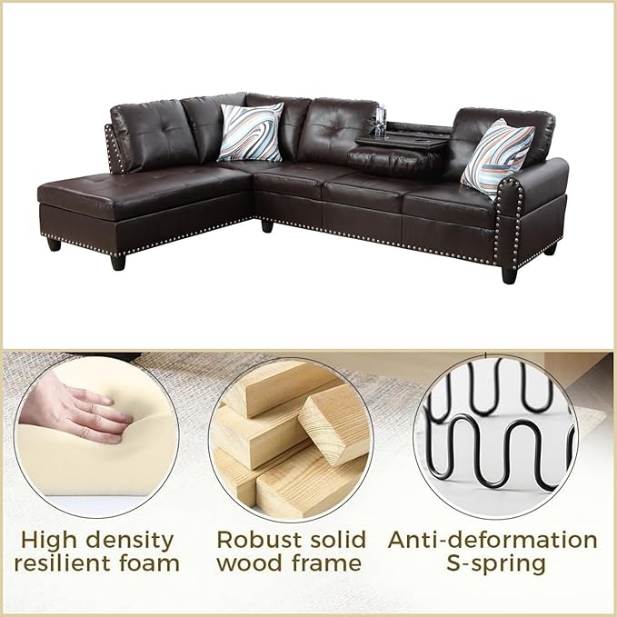 FONTOI Leather Sectional Couch Sofa Modern Nail-Head Design L Shaped Sectional Sofa for Living Room 4 Seat L Couch with Storage Ottoman &amp Cup Holder for Bedroom Apartment Red
